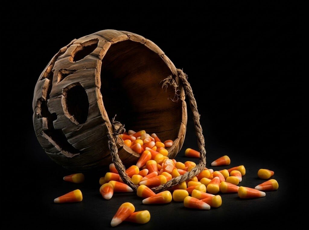 A carved pumpkin on its side, spilling candy corn
